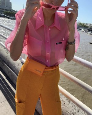Pink Miu Miu Shirt and Gucci Sunglasses With Orange Jacquemus Pants