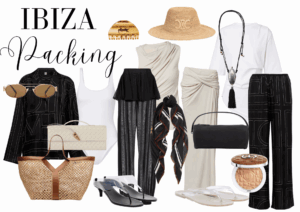 Ibiza Packing list featuring abstract blouse and pants set, raffia accessories and draped skirt and top set