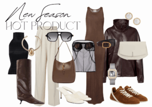 New Season Hot Product in brown tones, items include leather jacket, white clutch bag and kitten heel leather boots