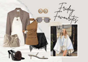 Friday Faves featuring lace detailed shorts and statement floral mules with neutral toned blazer and top