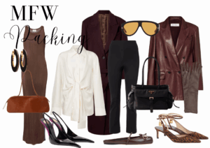 Milan packing list featuring burgundy and brown clothing, stiletto heels and leopard print heels