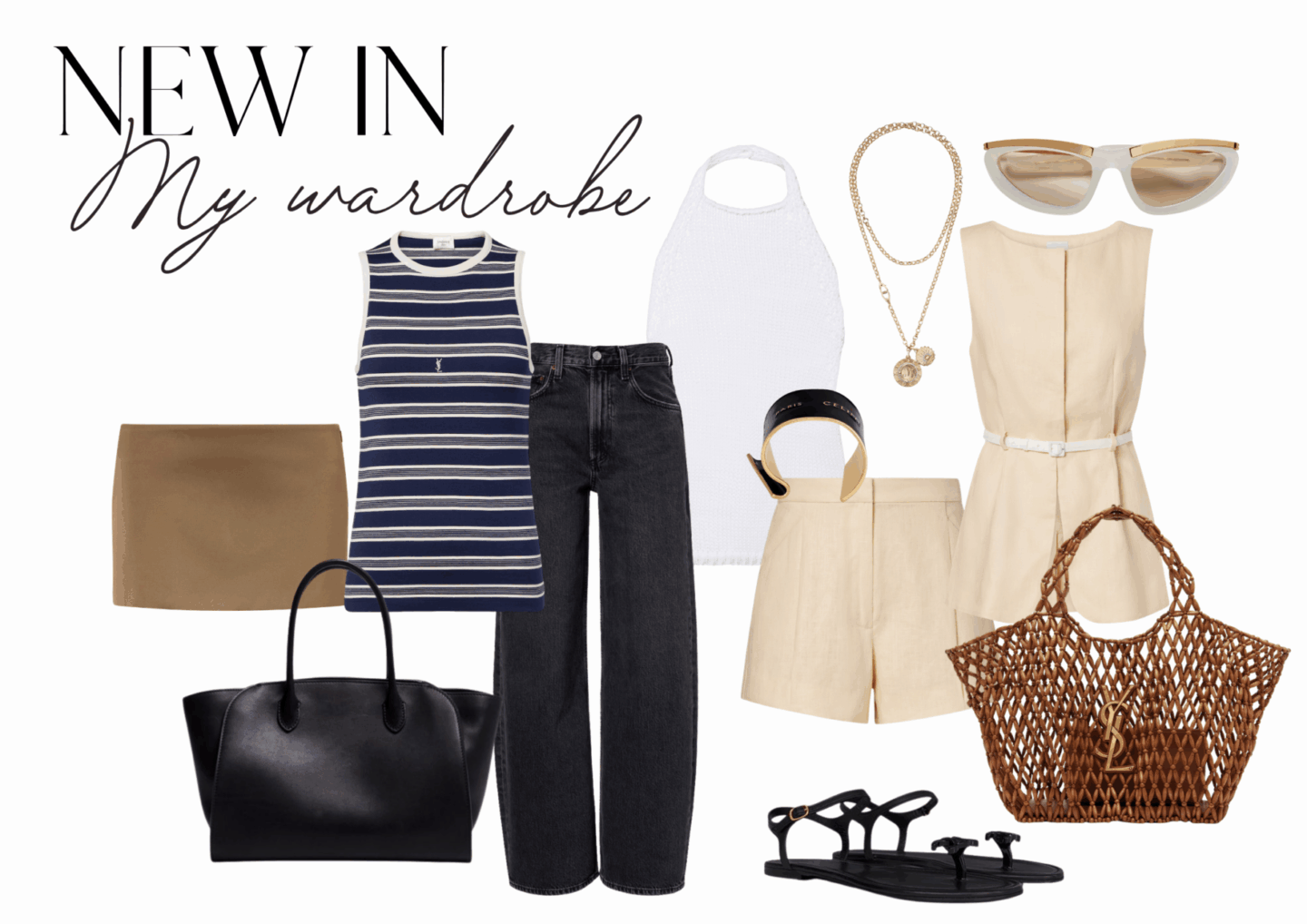 Spring season selection of neutral clothing with statement bags and striped tank top